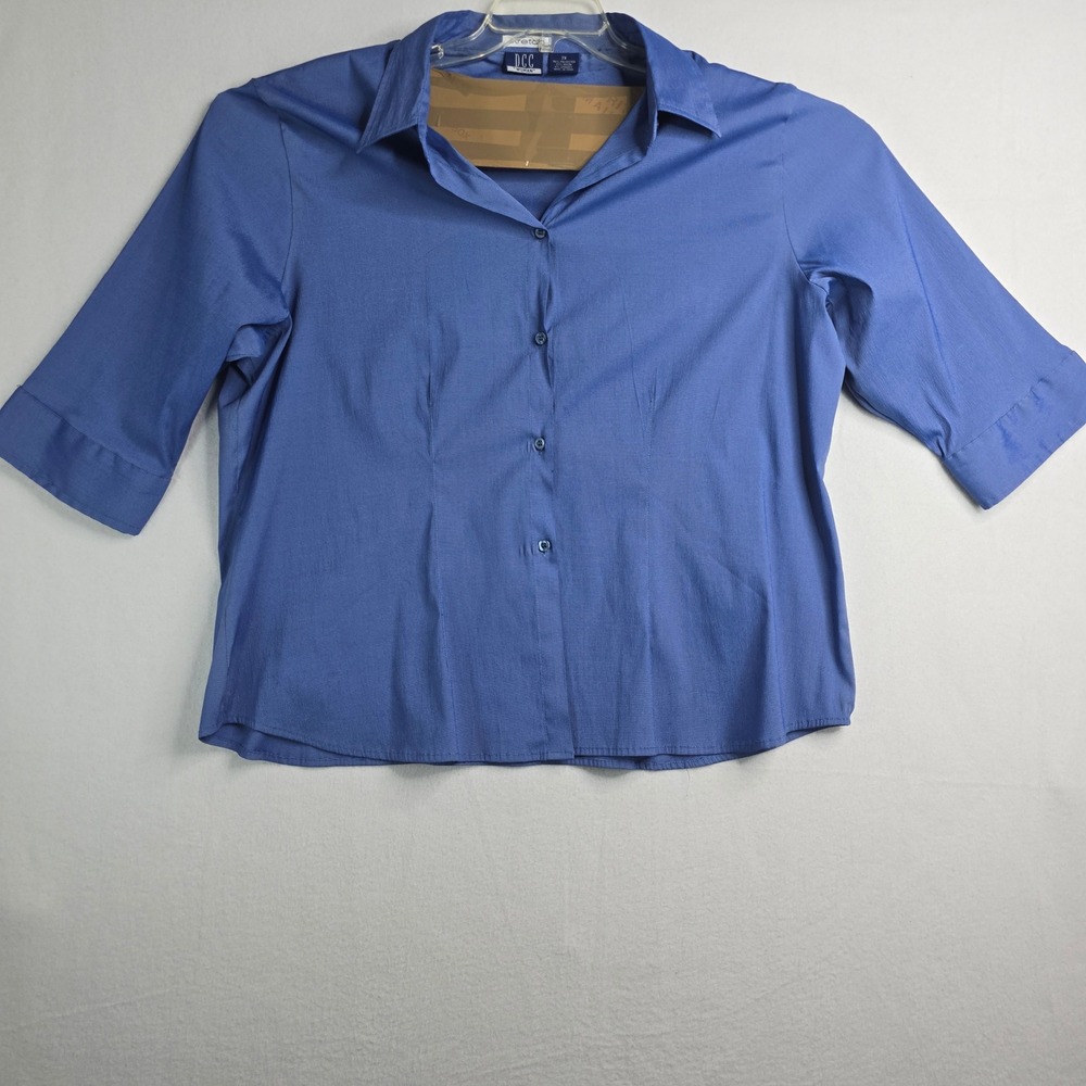 DCC‎ Woman Blue Stretch Button Down Shirt 3/4 Sleeve Business Casual Top 2X plus